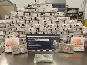 One hundred brick-shaped bundles of suspected cocaine, weighing close to 118 kilos, was seized by Canada Border Services Agency officers from a shipment that arrived at Pearson International Airport on a flight from Mexico. PHOTOS COURTESY OF THE CBSA
