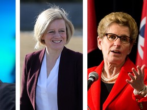 Prime Minister Justin Trudeau, Alberta Premier Rachel Notley and Ontario premier Kathleen Wynne. (THE CANADIAN PRESS/Jonathan Hayward, Leah Hennel/Postmedia and Craig Glover/Postmedia Network)