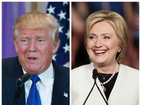 A combination photo shows Republican U.S. presidential candidate Donald Trump (L) in Palm Beach, Florida and Democratic U.S. presidential candidate Hillary Clinton (R) in Miami, Florida at their respective Super Tuesday primaries campaign events on March 1, 2016. Republican Donald Trump and Democrat Hillary Clinton rolled up a series of wins on Tuesday, as the two presidential front-runners took a step toward capturing their parties' nominations on the 2016 campaign's biggest day of state-by-state primary voting.  REUTERS/Scott Audette (L), Javier Galeano (R)