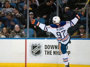 Edmonton Oilers center Connor McDavid celebrates his overtime goal against the Buffalo Sabres in an NHL hockey game Tuesday, March 1, 2016, in Buffalo, N.Y.  Edmonton won 2-1.