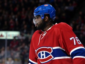 Montreal Canadiens defenceman P.K. Subban takes a breather during second-period NHL action against the Nashville Predators at the Bell Centre in Montreal on Feb. 22, 2016. (Eric Bolte/USA TODAY Sports)