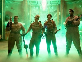 The Ghostbusters Abby (Melissa McCarthy), Holtzmann (Kate McKinnon), Erin (Kristen Wiig) and Patty (Leslie Jones) inside the Mercado Hotel Lobby in Columbia Pictures' Ghostbusters.