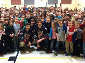 Owen Sound Attack players Daniel Dekoning, Jacob Busch and Ethan Szypula spoke to Ripley-Huron students about character building and sportsmanship. SUBMITTED
