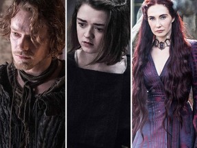 From left to right: Alfie Allen as Theon Greyjoy, Maisie Williams as Arya Stark, and Carice van Houten as Melisandre. (HBO Handout photos)