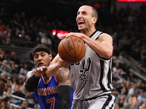 Spurs shooting guard Manu Ginobili (right) is expected to return from testicular surgery next week. (Soobum Im/USA TODAY Sports)