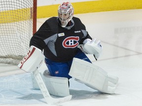 Canadiens goaltender Carey Price works out in full equipment at the team's practice facility in Brossard, Que., on Thursday, March 3, 2016. (Graham Hughes/THE CANADIAN PRESS)