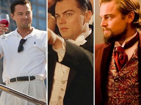 From left to right: Leonardo DiCaprio in The Wolf of Wall Street (2013); The Aviator (2004); Django Unchained (2012). (Handout photos)