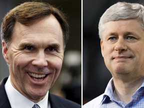 Finance Minister Bill Morneau (left) and former prime minister Stephen Harper. (REUTERS PHOTOS)