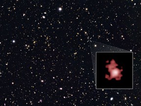 Named GN-z11, this surprisingly bright, infant galaxy is seen as it was 13.4 billion years in the past. The astronomers saw it as it existed just 400 million years after the big bang, when the universe was only three percent of its current age. (Hubble Space Telescope)