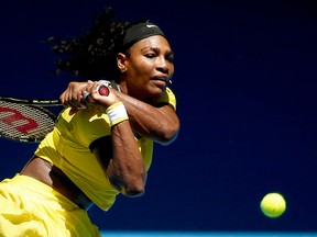 In this Jan. 20, 2016, file photo, Serena Williams, of the United States, hits a backhand return to Hsieh Su-Wei, of Taiwan, during their second-round match at the Australian Open tennis championships in Melbourne, Australia. (AP Photo/Vincent Thian, File)