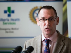 Dr. Francois Belanger, AHS acting executive vice president and chief medical officer, speaks during an Alberta's Tomorrow Project news conference in Edmonton, Alta., on Wednesday, March 4, 2015. The study, the largest research study in Alberta, needs to sign up 50,000 participants aged 35 to 69 who have never had cancer by the end of March.
