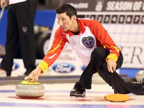 Skip Wade Kingdon of Team Nunavut throws a rock during a practice session prior to the Brier at TD Place in Ottawa, March 03, 2016.
(Jean Levac/Postmedia Network)