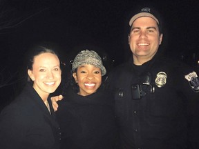 This photo provided by officer Paul Rogerson of the shows Rogerson, right, of the Pleasant Grove Police Department in Utah, singer Gladys Knight, centre, and Rogerson's wife, left.  Knight was a passenger in the car stopped for speeding in the town about 40 miles south of Salt Lake City, Pleasant Grove Police Capt. Mike Roberts said. Officer Rogerson got the driver's license and was checking it in his patrol car when the woman told him that she was with Knight on the way to a Church of Jesus Christ of Latter-day Saints choir event. (Courtesy of Paul Rogerson via AP)