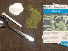 Crushed stevia as well as refined stevia. Gardening expert John DeGroot says stevia can be grown in your backyard as you would any other herb. The sugar substitute is actually sweeter than refined sugar but does not add calories, has no adverse effects on teeth, and has no impact on blood sugar.   
HANDOUT/ SARNIA OBSERVER/ POSTMEDIA NETWORK