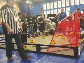 Memorial Composite High School students compete with their robot in the Alberta Regional Vex Championship at NAIT on Feb. 15. - Photo submitted