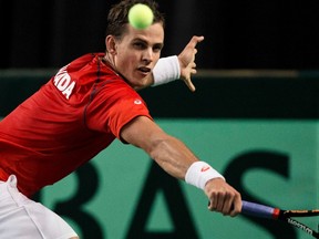 Canada's Vasek Pospisil lost to France's Gilles Simon in Davis Cup action on the Caribbean island of Guadeloupe on Friday. (Kevin Light/Reuters/Files)