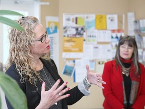 Beth ten Hove, Pathways for Children and Youth board president, talks about how $120,000 in provincial funding will be used by the agency to help LGBTQ youth on Friday. (Elliot Ferguson/The Whig-Standard)