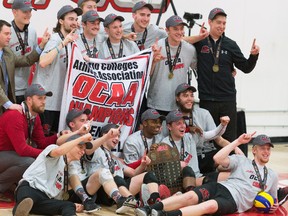 The Fanshawe Falcons men's volleyball team celebrates their first OCAA win in 46 years. (Photo courtesy of the OCAA)