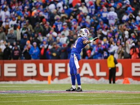 Buffalo Bills strong safety Leodis McKelvin celebrates after intercepting a pass during the second half of an NFL football game against the New York Jets, Sunday, Jan. 3, 2016, in Orchard Park, N.Y. (AP Photo/Bill Wippert)