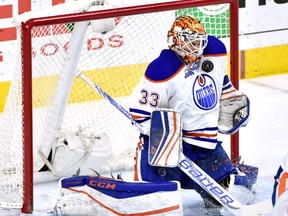 Edmonton Oilers goalie Cam Talbot (33) makes a save against the Philadelphia Flyers during the third period at Wells Fargo Center. The Oilers defeated the Flyers, 4-0. Mandatory