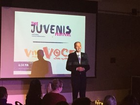 Mayor Bryan Paterson addresses the audience during Wednesday’s launch of the Juvenis Festival, which is to be the city’s first arts festival exclusively for youths, in the Wilson Room of the Central Branch of the Kingston Frontenac Public Library. (Peter Hendra/The Whig-Standard)