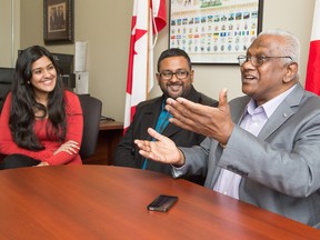 Colin Jayantha Perera (right) along with his son Danushka Perera and daughter in law Bhagya Perera expresses his gratitude for  MP Pierre Poilievre 's assistance in granting Perera's nephew a special permit to enter Canada from Sri Lanka to donate a kidney as Perera is suffering from kidney failure.