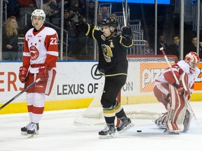 London Knights forward Mitch Marner celebrates a goal by teammate Aaron Berisha as Sault Ste. Marie Greyhounds forward Liam Hawel and goaltender Brandon Halverson react during their OHL hockey game at Budweiser Gardens in London, Ont. on Friday March 4, 2016. (CRAIG GLOVER, The London Free Press)