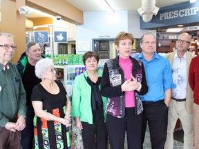 Nickel Belt MPP France Gelinas (centre), the NDP critic for health and long-term care, is joined by seniors advocates and pharmacists at Bradley Pharmacy in Sudbury in March to call on the Liberal government to stop changes to the Ontario Drug Benefit program, including an increased deductible and higher co-payments for those making more than $19,300 per year, announced in the provincial budget. 
Ben Leeson/The Sudbury Star/Postmedia Network file photo
