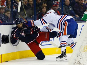 Columbus Blue Jackets defenceman Seth Jones is checked by Edmonton Oilers right winger Nail Yakupov at Nationwide Arena.
(Russell LaBounty/USA Today Sports)