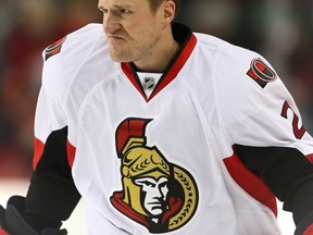 Ottawa Senators Dion Phaneuf during the pre-game skate before playing the Calgary Flames at the Scotiabank Saddledome in Calgary on Feb. 27, 2016. (AL CHAREST/POSTMEDIA)