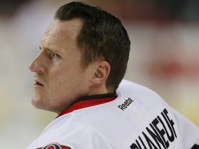 Ottawa Senators defenceman Dion Phaneuf during the pre-game skate before playing the Calgary Flames in NHL hockey at the Scotiabank Saddledome in Calgary on Feb. 27, 2016. (AL CHAREST/POSTMEDIA)