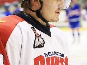 Matt Adams broke a 1-1 tie late in Period 3 to give the Wellington Dukes a 2-1 win over Aurora in Game 1 of their opening-round playoff series Friday night at Essroc Arena. (OJHL Images)