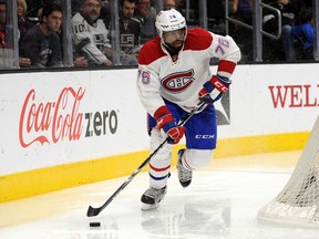 Montreal Canadiens defenceman P.K. Subban moves the puck during a game against the Los Angeles Kings at Staples Center in Los Angeles on March 3, 2016. (Gary A. Vasquez/USA TODAY Sports)