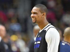 Eastern Conference forward Chris Bosh of the Miami Heat looks on during practice for the NBA All Star game at Ricoh Coliseum. (Bob Donnan/USA TODAY Sports)