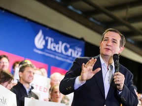 Republican presidential candidate Sen. Ted Cruz speaks during a rally on Saturday, March 5, 2016, at the Kootenai County Fairgrounds in Coeur d’Alene, Idaho. (Shawn Gust/Coeur D'Alene Press via AP)