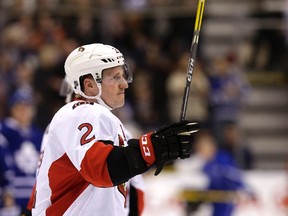 Senators defenceman Dion Phaneuf salutes the Air Canada Centre crowd on March 5 after a tribute to the ex-Maple Leafs captain. (Craig Robertson, Postmedia Network)