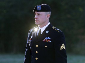 In this Tuesday, Jan. 12, 2016 file photo, Army Sgt. Bowe Bergdahl arrives for a pretrial hearing at Fort Bragg, N.C. Attorneys for Bergdahl said Saturday, March 5, 2016, they may seek a deposition from presidential contender Donald Trump or call him as a witness at a legal proceeding, saying they fear his comments could affect their client's right to a fair trial. (AP Photo/Ted Richardson, File)
