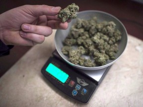 Marijuana is weighed at a medical marijuana dispensary, in Vancouver, Wednesday, Feb. 5, 2015. (THE CANADIAN PRESS/Jonathan Hayward)