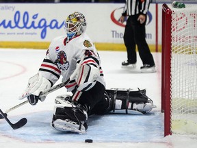 In this photo taken Dec. 26, 2015, Rockford IceHogs goalie Michael Leighton makes a save against the Milwaukee Admirals during an AHL hockey game at BMO Harris Bank Center in Rockford, Ill. Leighton broke the all-time American Hockey League shutout record that Hockey Hall of Famer Johnny Bower held since 1957 by picking up his 46th AHL shutout Saturday against Lake Erie. (Bill Rosemeier/Rockford Register Star via AP)