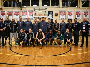 The Lambton Lions men's basketball team won bronze at the Ontario Colleges Athletic Association championships at Humber College in Etobicoke. Back row from left are assistant coach Dave Elsley, head coach James Grant, captain Mike Lucier, Jason Marshell, Mitch Humby, ‎Nic Higgins, Bernardo Teixeira, Joel Wilson, Will Lara-Caston, Frank Benneh, Tony Smith, Anthony Wesley-James, Branden Padgett, and assistant coaches Keith Concisom and Paul Doyle. Front row from left are Gerald Maness, Tyler Johnson, Shawn Hill, Jaason Heron, Rich Marcano and Colton Vaters. Handout/Sarnia Observer/Postmedia Network