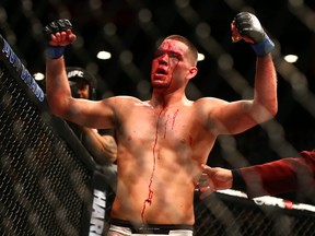 Nate Diaz celebrates his victory by submission against Conor McGregor during UFC 196 at MGM Grand Garden Arena in Las Vegas on March 5, 2016. (Mark J. Rebilas/USA TODAY Sports)