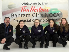 The Brunton rink is off to Edmonton to compete in the Optimist International U18 championships. The team is (left) Kira Brunton, Kate Sherry, Mikaela Cheslock and Emma Johnson, along with coaches Chris Johnson (left)and Frank Brunton(right).