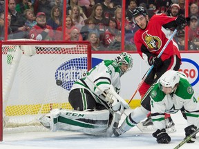 Dallas Stars goalie Kari Lethonen makes a save on a shot from Ottawa Senators right winger Mark Stone in the second period at the Canadian Tire Centre in Ottawa on March 6, 2016. (Marc DesRosiers/USA TODAY Sports)