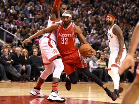 Houston Rockets forward Corey Brewer dribbles past Toronto Raptors forward Patrick Patterson in the second quarter at Air Canada Centre in Toronto on March 6, 2016. (Dan Hamilton/USA TODAY Sports)