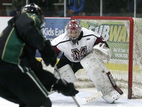 Chatham Maroons goalie Brendan Johnston prepares for a shot from St. Thomas Stars' Gage Stephney in the third period Sunday at Memorial Arena.
