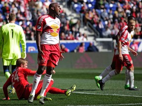 New York Red Bulls defender Ronald Zubar reacts after missing a shot on goal against the Toronto FC during the first half of an MLS soccer game Sunday, March 6, 2016, in Harrison, N.J. (AP Photo/Adam Hunger)