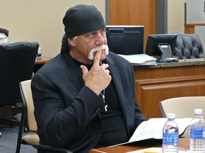 In this Tuesday, March 1, 2016 file photo, Terry Bollea, known as professional wrestler Hulk Hogan, watches potential jurors at the Pinellas County Courthouse, in St. Petersburg, Fla., as jury selection began in his case vs. Gawker Media. Opening statements are scheduled to begin Monday, March 7, 2016, in the civil trial between pro wrestler Hulk Hogan and a popular news website. (Scott Keeler/The Tampa Bay Times via AP, Pool, File)