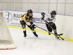 Leighton Veitch of the Lakeland College Bantam Tigers battles for the puck with Mannville captain Max Amero during Thursday night’s game at the Mannville Arena.