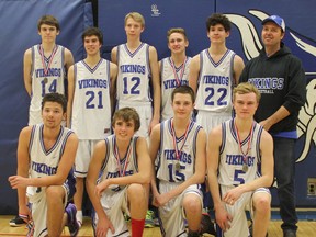 The GDCI Vikings senior boys’ basketball team won the silver medal at the WOSSAA championships on Feb. 29. Pictured here, back row left to right, Nathan Jeffrey, Connor Cox, Joel Delbergue, Mason Clarke, John Doherty and coach Terry Cox. Front row left to right, James Tigert, Sergio Rodriguez Barnuevo, Tyson Kovats and Logan Baer. (Laura Broadley/Goderich Signal Star)