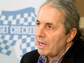 Wrestling legend Bret Hart speaks with media at the Prostate Cancer Centre in Calgary, Alta., on Monday, March 7, 2016. Hart, who recently had a prostatectomy to tackle prostate cancer, is encouraging men to get be checked for prostate cancer early and regularly. Lyle Aspinall/Postmedia Network